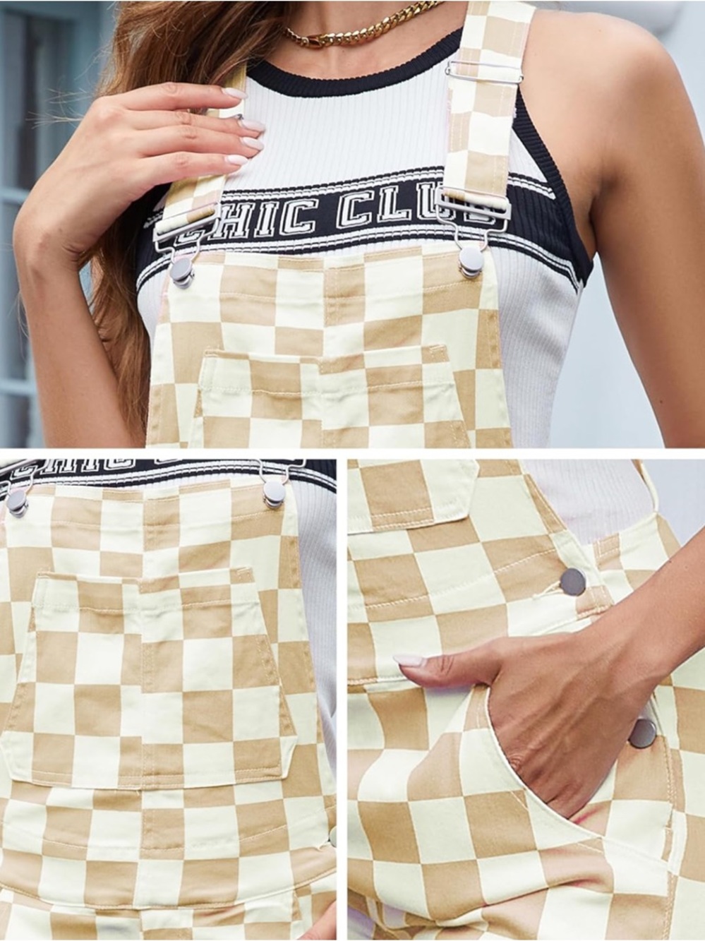 Beige & White Checkerboard Women's Overalls Jumpsuit - Picture 3 of 4